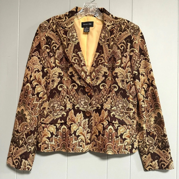 FOCUS 2000 Vintage Tapestry Blazer Jacket Brown Tan Paisley Floral Lined Size 8 - Picture 1 of 6